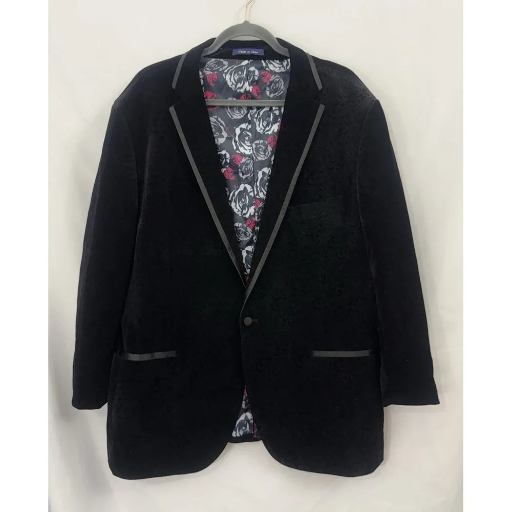 Alan Flusser Mens 48R Black Paisley Velvet Tuxedo Blazer Floral Lined *FLAW